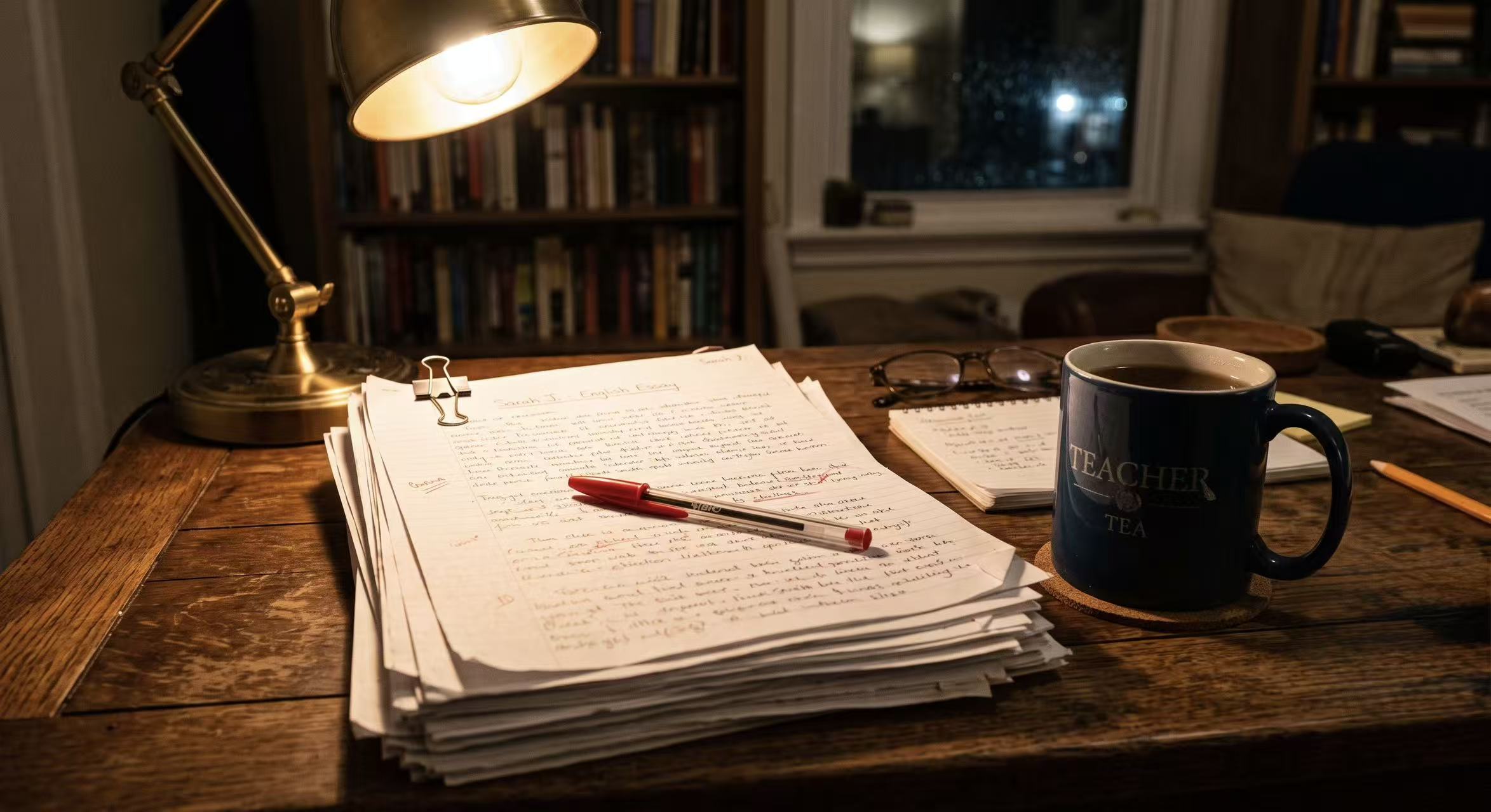 A stack of homework with a red pen - XplusX UX Research China
